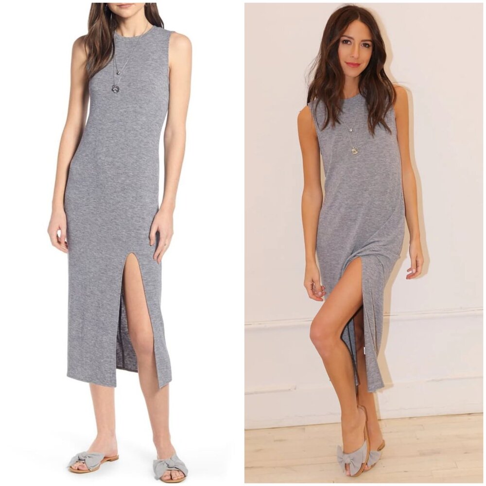Something Navy Easy Knit Midi Dress Gray Slit size M Stretch Soft Minimalist